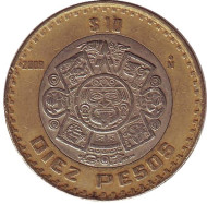 Монета 10 песо. 2008 год, Мексика. Тонатиу. Ацтекский солнечный камень. Орел.