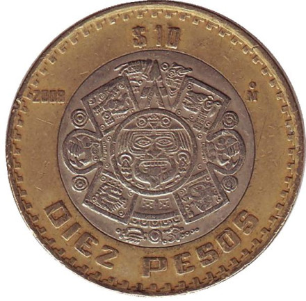 Монета 10 песо. 2008 год, Мексика. Тонатиу. Ацтекский солнечный камень. Орел.