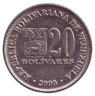 Монета 20 боливаров. 2000 год, Венесуэла. Монета 20 боливаров. 2000 год, Венесуэла.