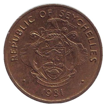 Монета 10 центов. 1981 год, Сейшельские острова. Желтопёрый тунец. ФАО. Монета 10 центов. 1981 год, Сейшельские острова. Желтопёрый тунец. ФАО.