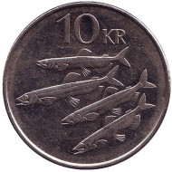 Монета 10 крон. 1996 год, Исландия. Рыбы. Монета 10 крон. 1996 год, Исландия. Рыбы.