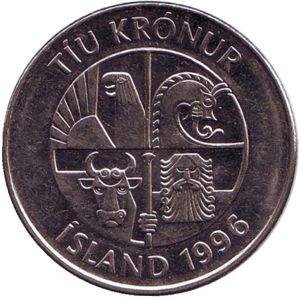 Монета 10 крон. 1996 год, Исландия. Рыбы. Монета 10 крон. 1996 год, Исландия. Рыбы.