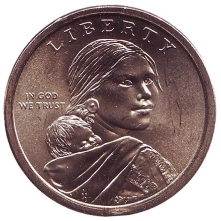 Монета 1 доллар, 2019 год (P), США. Сакагавея. Индейцы в космической программе. Серия "Коренные американцы".