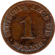 Монета 1 пфенниг. 1910 год (А), Германская империя. Монета 1 пфенниг. 1910 год (А), Германская империя.