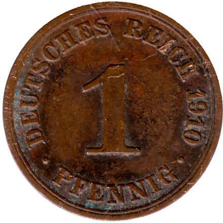 Монета 1 пфенниг. 1910 год (А), Германская империя.