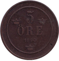 Монета 5 эре. 1890 год, Швеция. Монета 5 эре. 1890 год, Швеция.