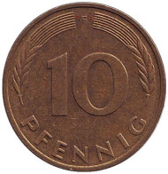 Монета 10 пфеннигов. 1993 год (F), ФРГ. Дубовые листья. Монета 10 пфеннигов. 1993 год (F), ФРГ. Дубовые листья.