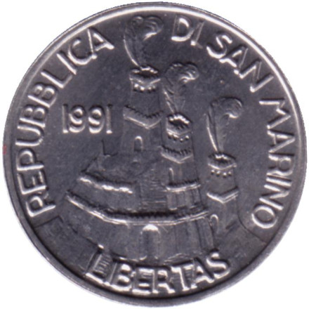 Монета 1 лира. 1991 год. Сан-Марино. Формирование общества. Монета 1 лира. 1991 год. Сан-Марино. Формирование общества.