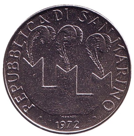 Монета 100 лир. 1972 год, Сан-Марино. Святой Мартин в лодке. Монета 100 лир. 1972 год, Сан-Марино. Святой Мартин в лодке.