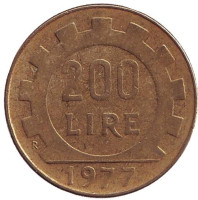 Монета 200 лир. 1977 год, Италия.