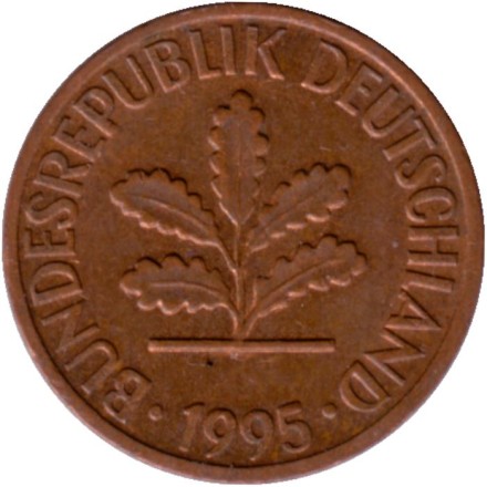 Монета 1 пфенниг. 1995 год (G), ФРГ. Дубовые листья.