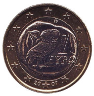 Монета 1 евро. 2007 год, Греция. Сова. Монета 1 евро. 2007 год, Греция. Сова.