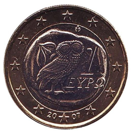 Монета 1 евро. 2007 год, Греция. Сова.