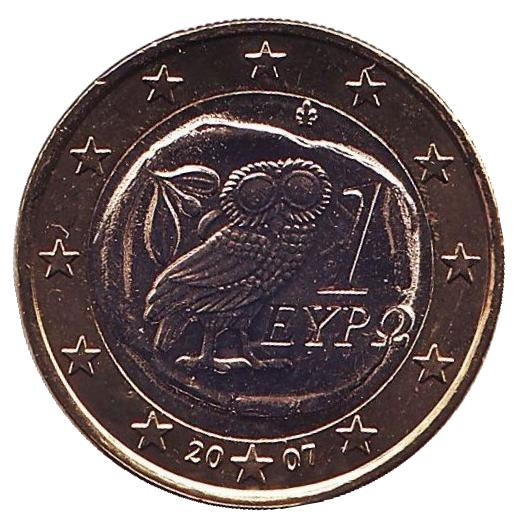 Монета 1 евро. 2007 год, Греция. Сова. Цена 250 руб.