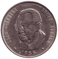 Монета 1 ранд. 1985 год, ЮАР. Президент Маре Фильюн. Газель.