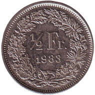 Монета 1/2 франка. 1983 год, Швейцария. Монета 1/2 франка. 1983 год, Швейцария.