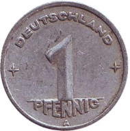 Монета 1 пфенниг. 1949 год (А), ГДР. Монета 1 пфенниг. 1949 год (А), ГДР.