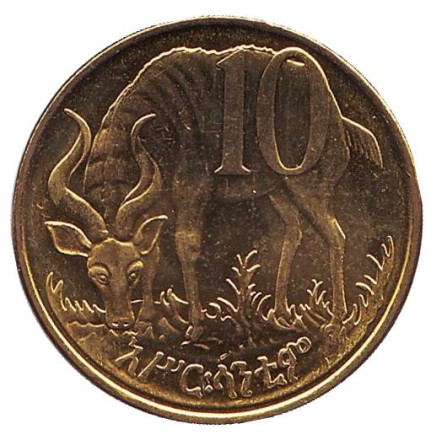 Монета 10 центов. 2012 год, Эфиопия. Горная антилопа.