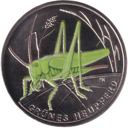 Монета 5 евро. 2024 год, Германия. Зеленый кузнечик. Серия "Чудесный мир насекомых".