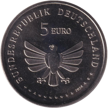 Монета 5 евро. 2024 год, Германия. Зеленый кузнечик. Серия "Чудесный мир насекомых". Монета 5 евро. 2024 год, Германия. Зеленый кузнечик. Серия "Чудесный мир насекомых".