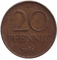 Монета 20 пфеннигов. 1983 год, ГДР. Монета 20 пфеннигов. 1983 год, ГДР.