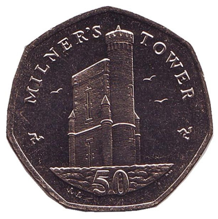 Монета 50 пенсов. 2007 год, Остров Мэн. (Отметка "AA") Башня Милнера.