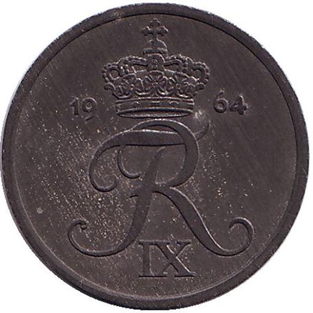 Монета 2 эре. 1964 год, Дания. (цинк).