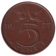 Монета 5 центов. 1977 год, Нидерланды. Монета 5 центов. 1977 год, Нидерланды.