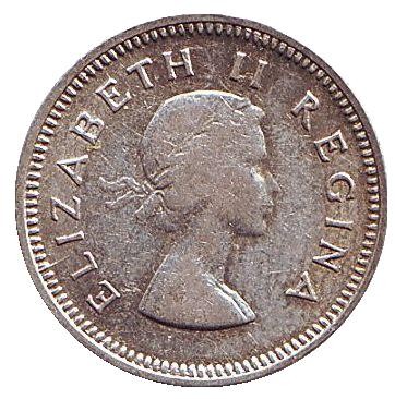 Монета 3 пенса. 1955 год, ЮАР. Монета 3 пенса. 1955 год, ЮАР.