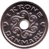 Монета 1 крона. 2007 год, Дания. Монета 1 крона. 2007 год, Дания.