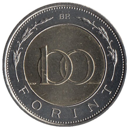 Монета 100 форинтов. 2024 год, Венгрия. 100 лет Венгерскому национальному банку.