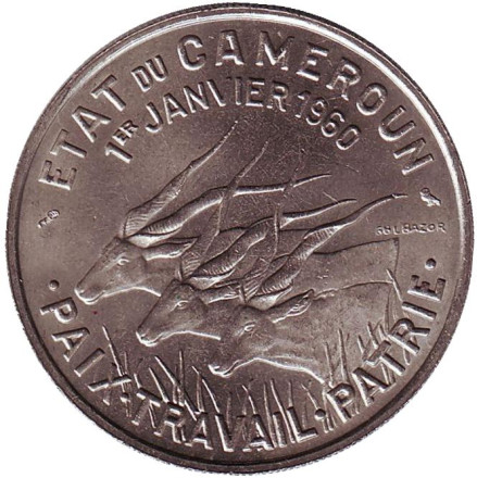 Монета 50 франков. 1960 год, Камерун. Африканские антилопы. (Западные канны).