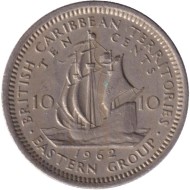 Монета 10 центов. 1962 год, Восточно-Карибские государства. Парусник.
