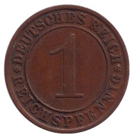 Монета 1 рейхспфенниг. 1931 год (A), Веймарская республика. Монета 1 рейхспфенниг. 1931 год (A), Веймарская республика.