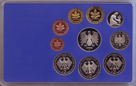 Набор монет ФРГ (10 шт.). 1996 год. (A). Proof. Набор монет ФРГ (10 шт.). 1996 год. (A). Proof.