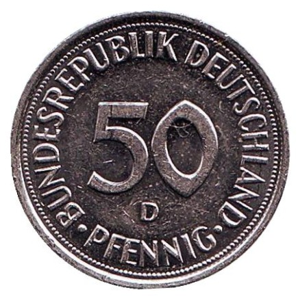 Монета 50 пфеннигов. 1992 год (D), ФРГ. Женщина, сажающая дуб. Монета 50 пфеннигов. 1992 год (D), ФРГ. Женщина, сажающая дуб.