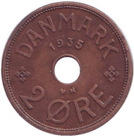 Монета 2 эре. 1935 год, Дания. Монета 2 эре. 1935 год, Дания.