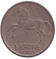 Монета 1 крона. 1959 год, Норвегия. Лошадь. Монета 1 крона. 1959 год, Норвегия. Лошадь.