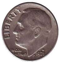 Монета 10 центов. 1971 (D) год, США. Рузвельт. Монета 10 центов. 1971 (D) год, США. Рузвельт.