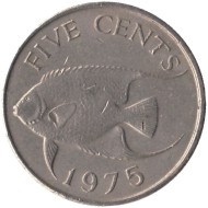 Монета 5 центов. 1975 год, Бермудские острова. Тропическая рыба (Ангел-королева).     Монета 5 центов. 1975 год, Бермудские острова. Тропическая рыба (Ангел-королева).