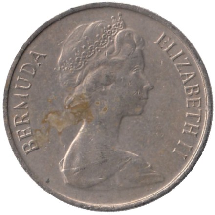 Монета 5 центов. 1975 год, Бермудские острова. Тропическая рыба (Ангел-королева).     Монета 5 центов. 1975 год, Бермудские острова. Тропическая рыба (Ангел-королева).