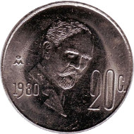 Монета 20 сентаво. 1980 год, Мексика. Франсиско Мадеро. Монета 20 сентаво. 1980 год, Мексика. Франсиско Мадеро.