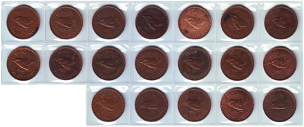 Погодовка монет Великобритании (19 шт.). 1 фартинг. 1937-1955 гг., Великобритания.