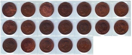 Набор монет Великобритании (19 шт.). 1 фартинг. 1937-1955 гг., Великобритания.