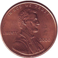 Монета 1 цент. 2000 год (P), США. Линкольн. Монета 1 цент. 2000 год (P), США. Линкольн.