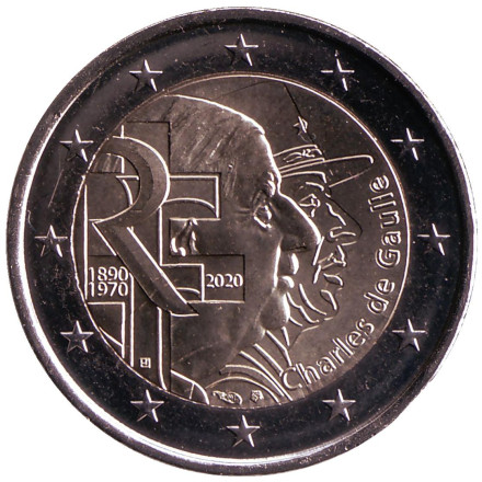 Монета 2 евро. 2020 год, Франция. 50 лет со дня смерти Шарля де Голля.