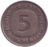 Монета 5 марок. 1988 год (F), ФРГ. Монета 5 марок. 1988 год (F), ФРГ.