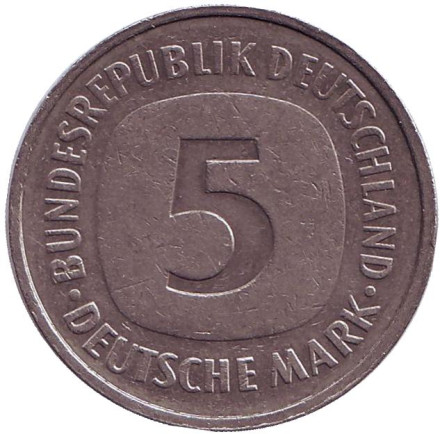 Монета 5 марок. 1988 год (F), ФРГ.
