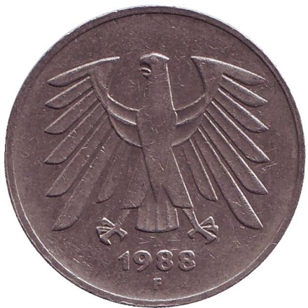 Монета 5 марок. 1988 год (F), ФРГ. Монета 5 марок. 1988 год (F), ФРГ.