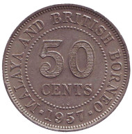Монета 50 центов. 1957 год (KN). Малайя и Британское Борнео. Монета 50 центов. 1957 год (KN). Малайя и Британское Борнео.